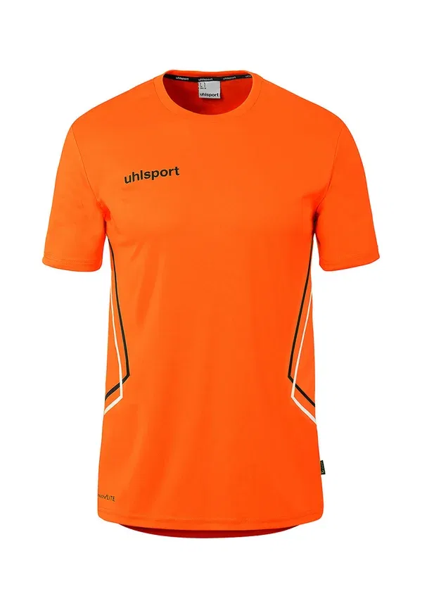 Футболка тренировочная Uhlsport equipe 29 kids print t-shirt, флуоресцентный оранжевый, белый, черный