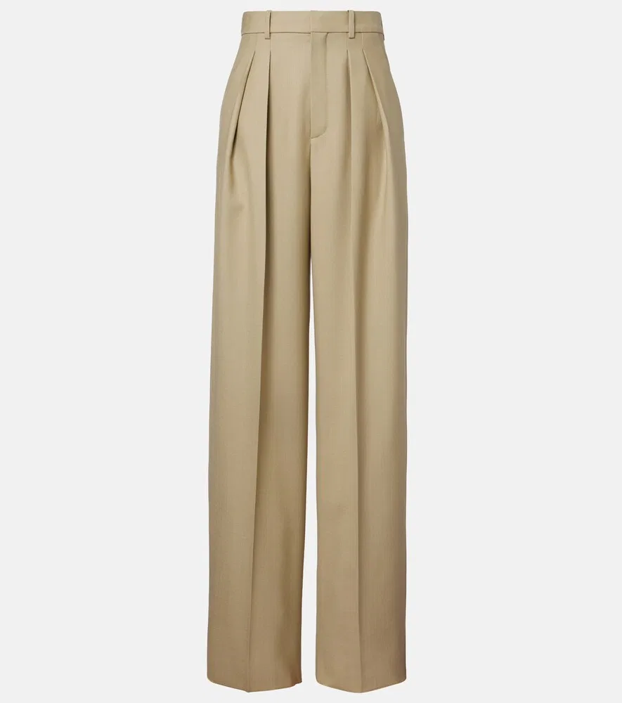 Широкие брюки из шерсти и шелка Saint Laurent, бежевый