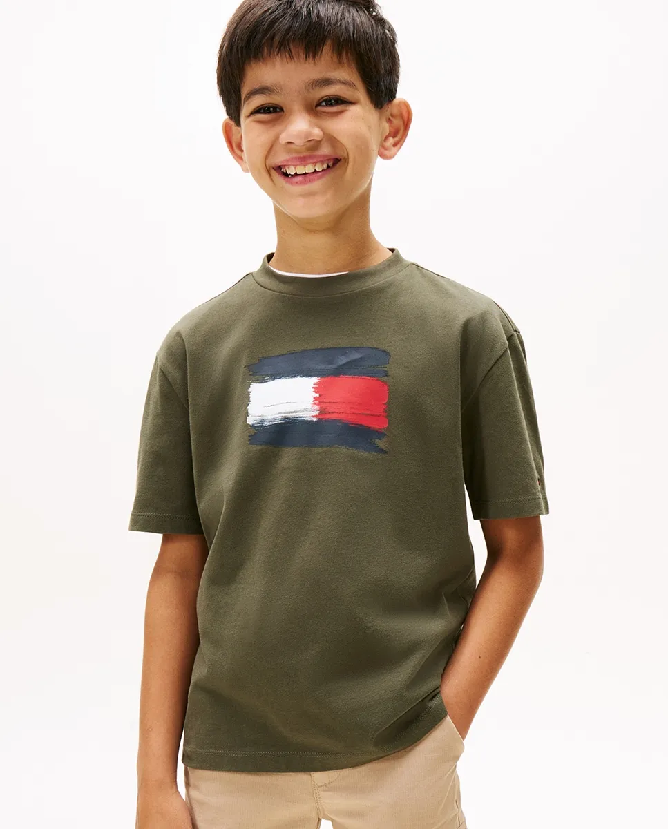 

Детская футболка с короткими рукавами и фирменным логотипом на груди Tommy Hilfiger, военный зеленый