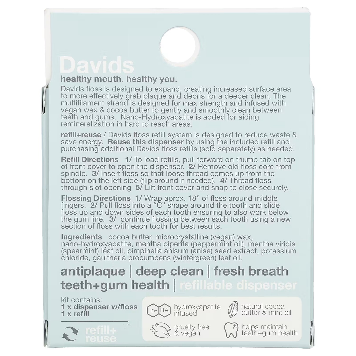 Система сменных картриджей Davids Natural Toothpaste Mint для зубной нити + сменный блок, 2 штук — фото 2
