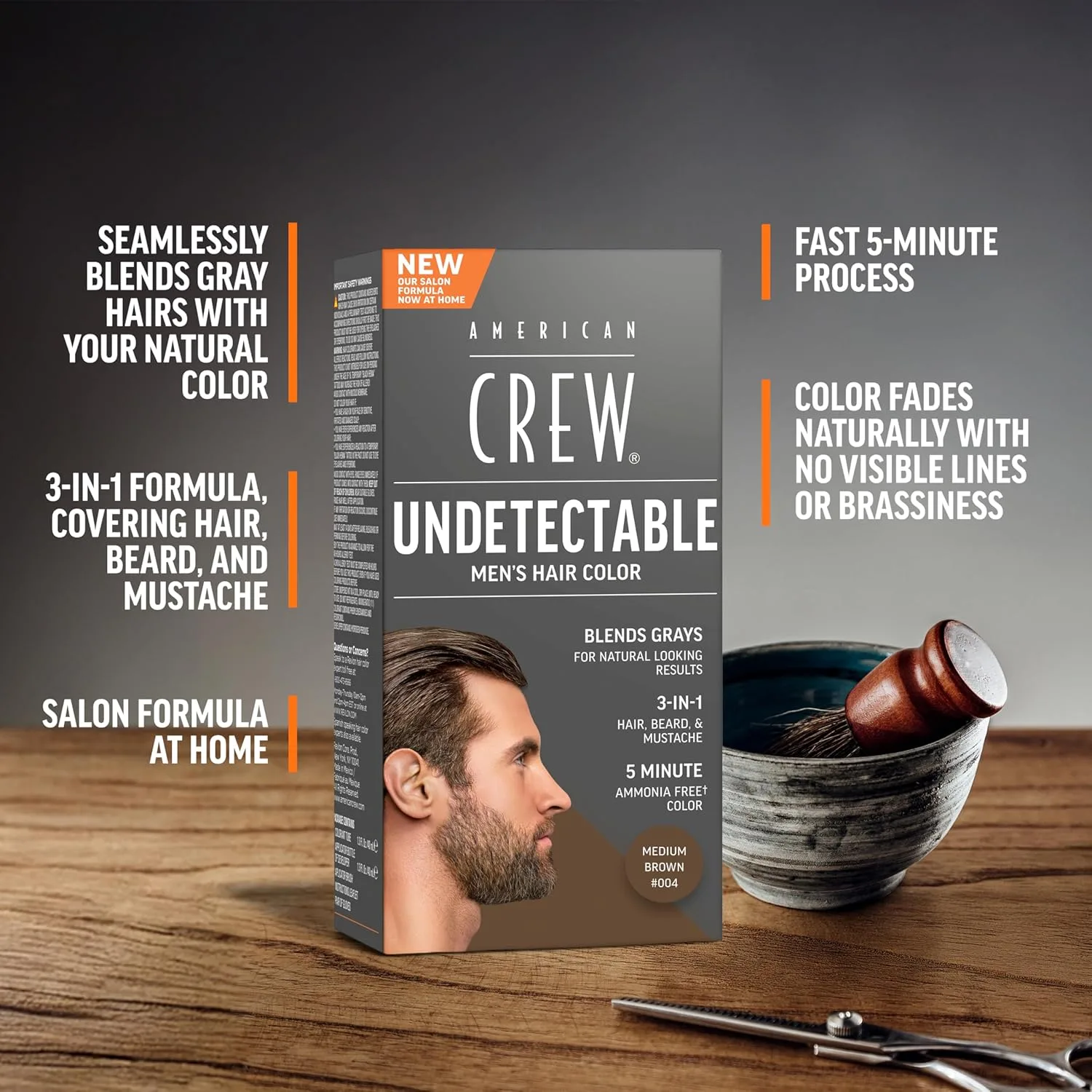 Краска для волос American Crew Undetectable для мужчин | Средне-коричневый полуперманентный краситель для волос | Естественное закрашивание седины, оттенок 004 Средне-коричневый, 1 упаковка, 004 Medium Brown — фото 2