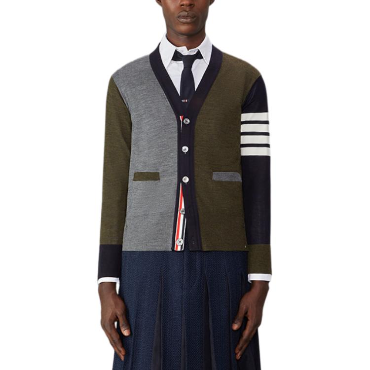 

Вязаный кардиган в стиле колор-блок THOM BROWNE, Medium Gray