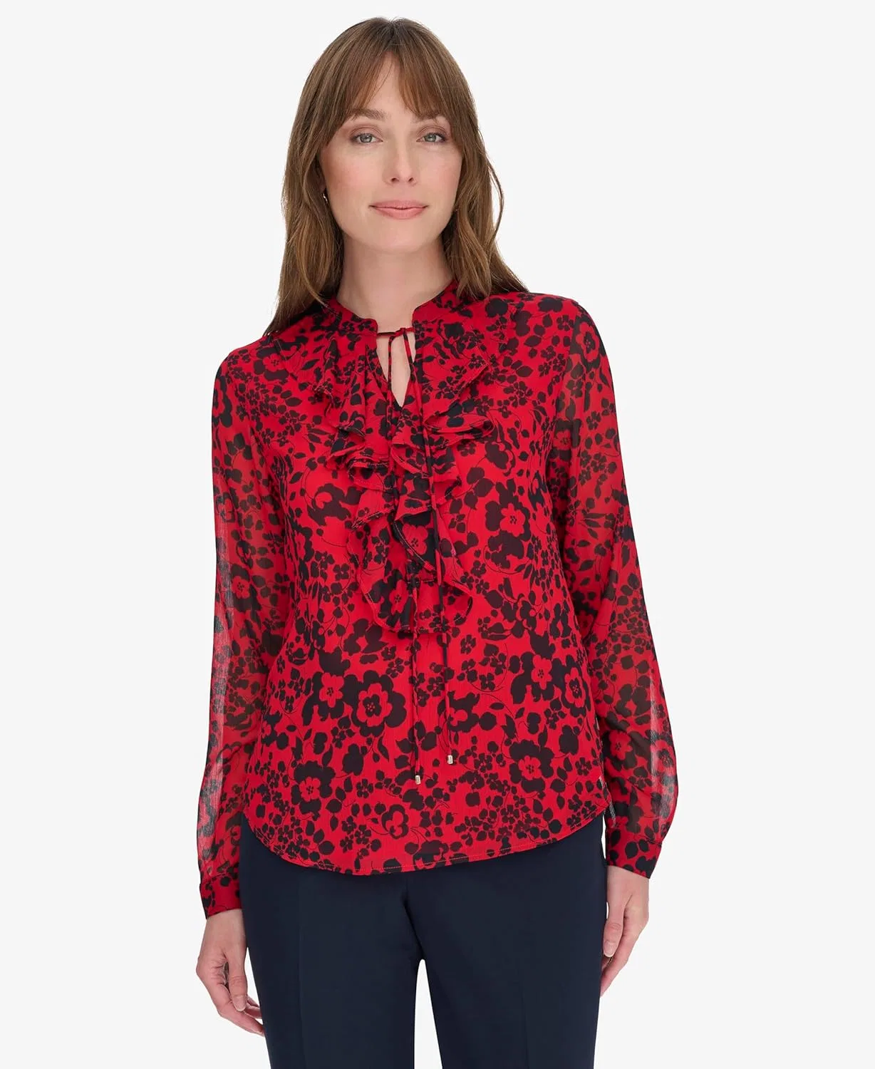 Блуза с воланами и цветочным принтом, Long Sleeve Ruffle V-Neck Blouse, Tommy Hilfiger, алый/темно-синий — фото 2