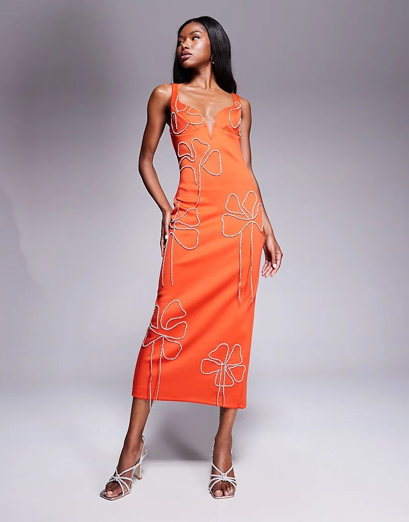 

Платье-футляр миди ASOS DESIGN с вырезом сердечком и цветочной цепочкой оранжевого цвета