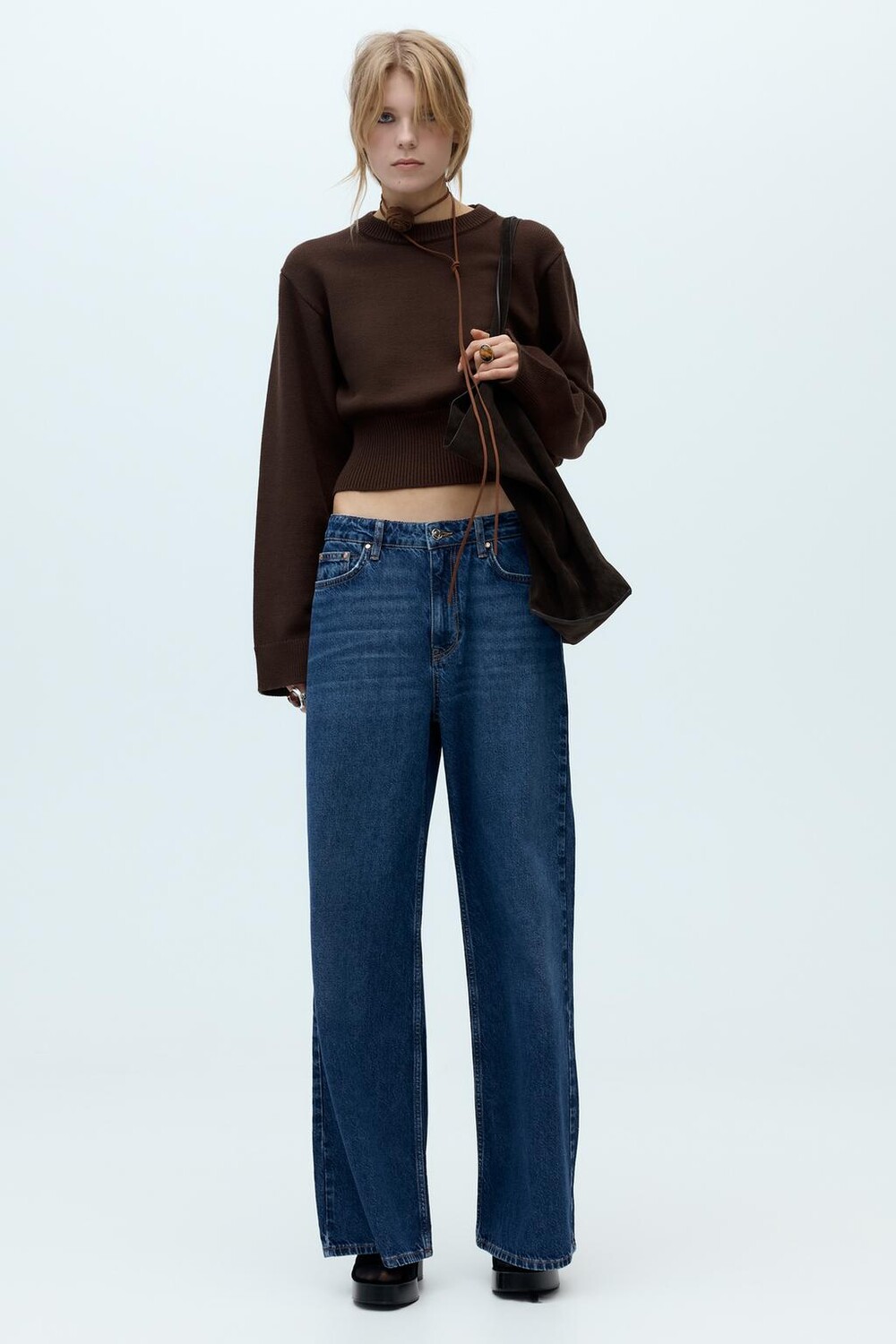 

Свитер однотяжной вязки с широкими рукавами ZARA, коричневый