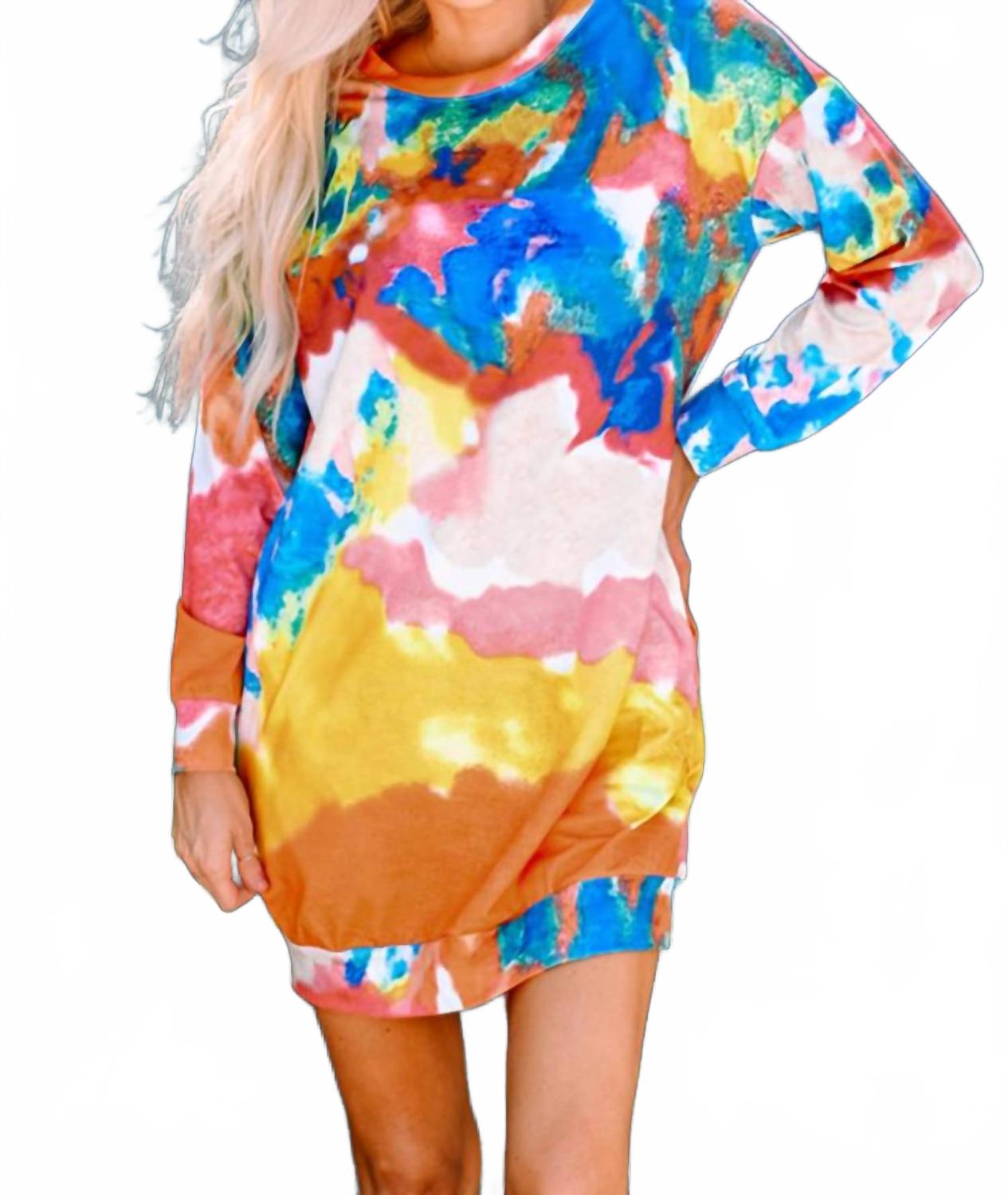 

Тай-дай мини-платье-футболка с карманами в мультиколоре Shiying Fashion