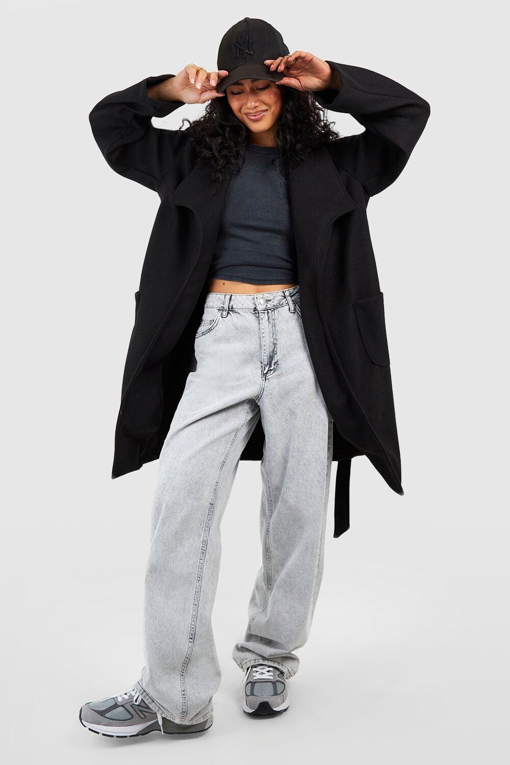 

Шерстяное пальто с широким воротником и поясом boohoo, черный