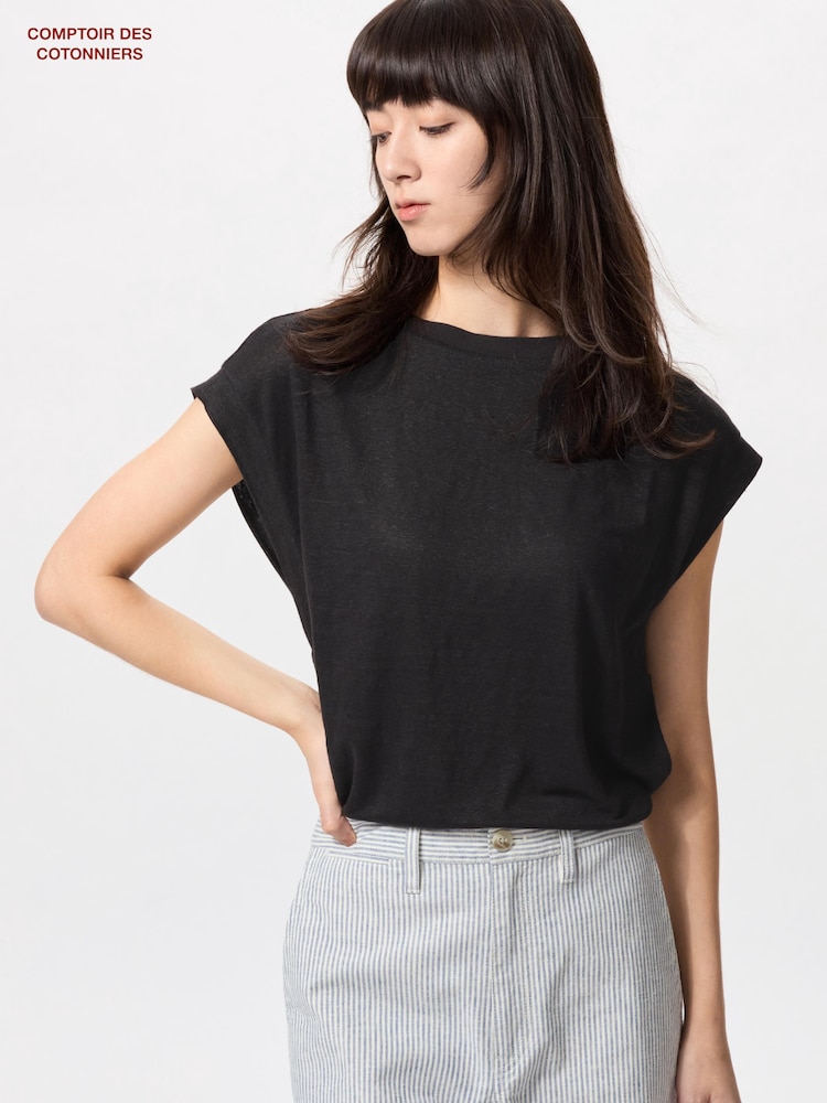 

Льняная футболка свободного кроя с французскими рукавами Uniqlo, черный