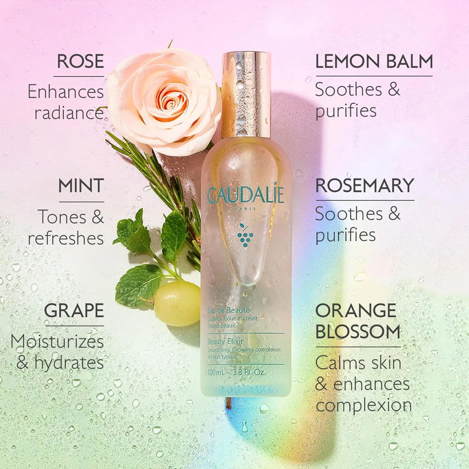 Тонизирующий спрей для лица Caudalie Beauty Elixir и увлажняющий и успокаивающий спрей для лица Grape Water в дорожном формате, green — фото 4