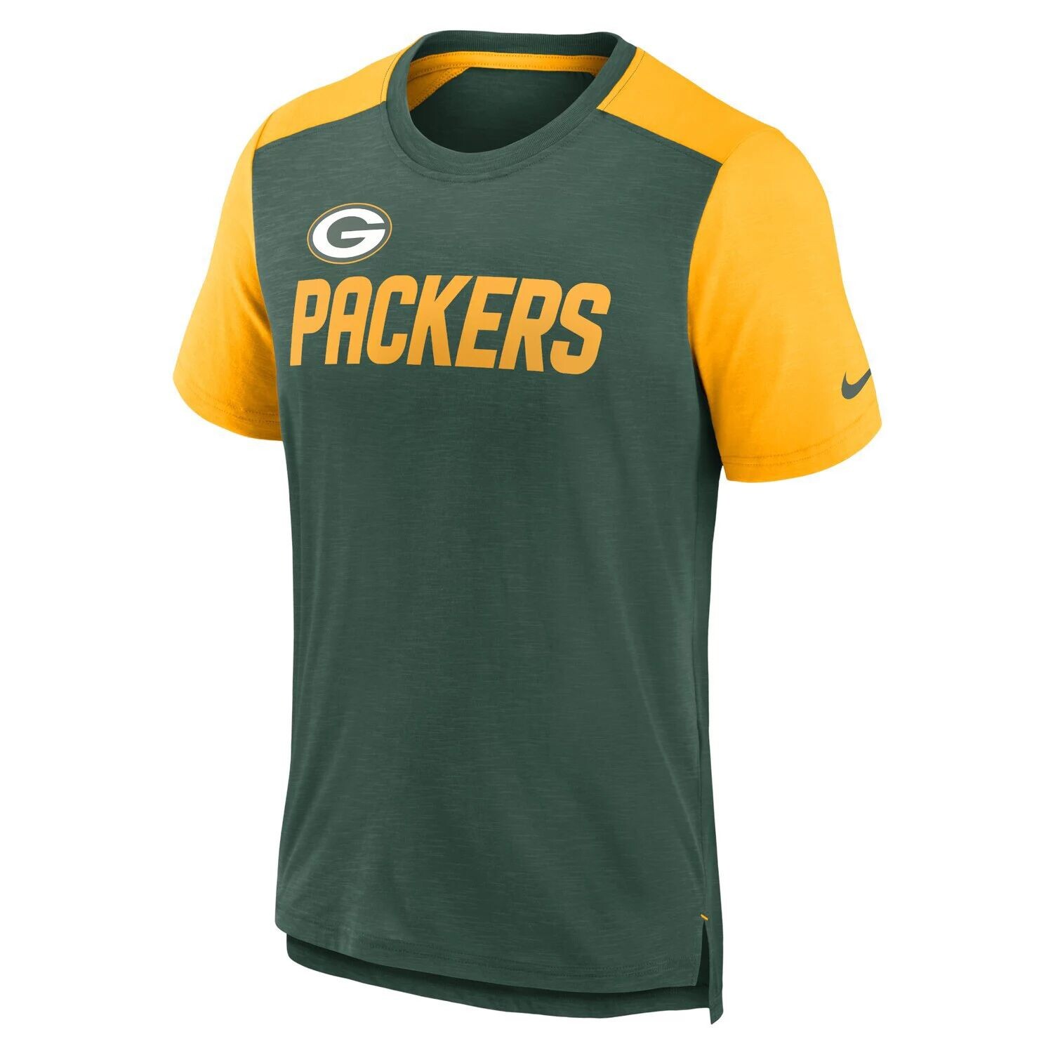 Мужская зеленая/золотая футболка Green Bay Packers с цветными блоками и названием команды Nike — фото 2