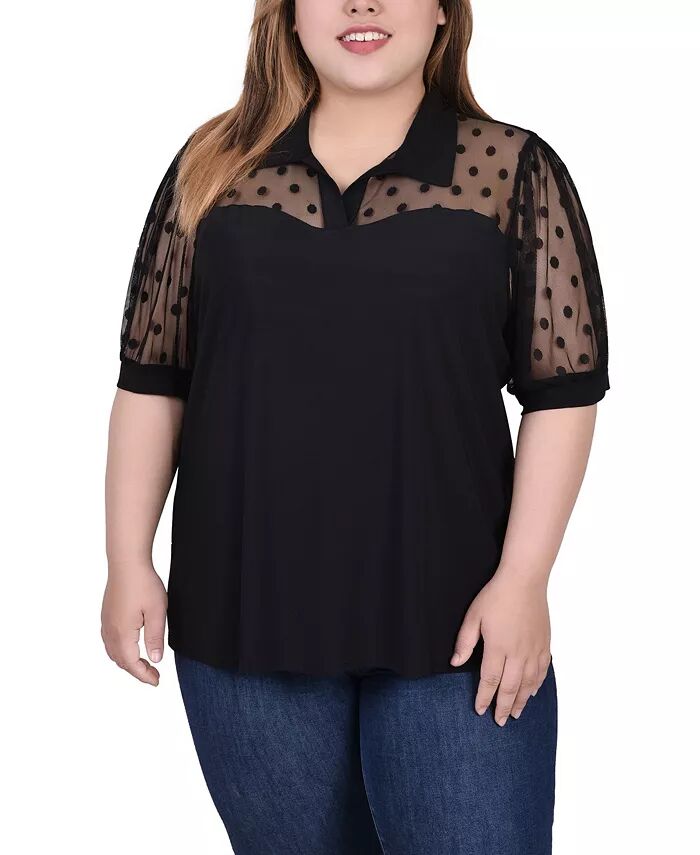 

Топ с короткими рукавами и сеткой в горошек больших размеров NY Collection, черный