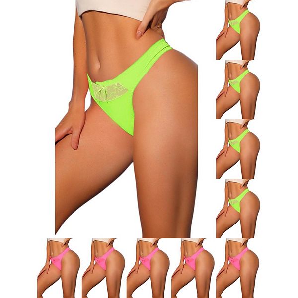 

10 пар женских бикини-трусиков с низкой посадкой из сатина с эластичным кружевом на поясе Inspire Chic, Green Bright Pink