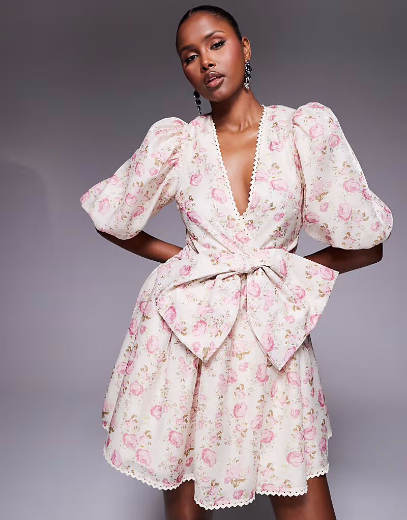 

Мини-платье ASOS LUXE с жаккардовыми рукавами-фонариками, бантом и цветочным принтом
