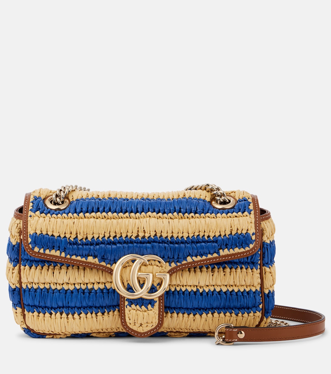 

Сумка GG Marmont Medium с полосками через плечо Gucci, Natural. Bl. Royal/Sund