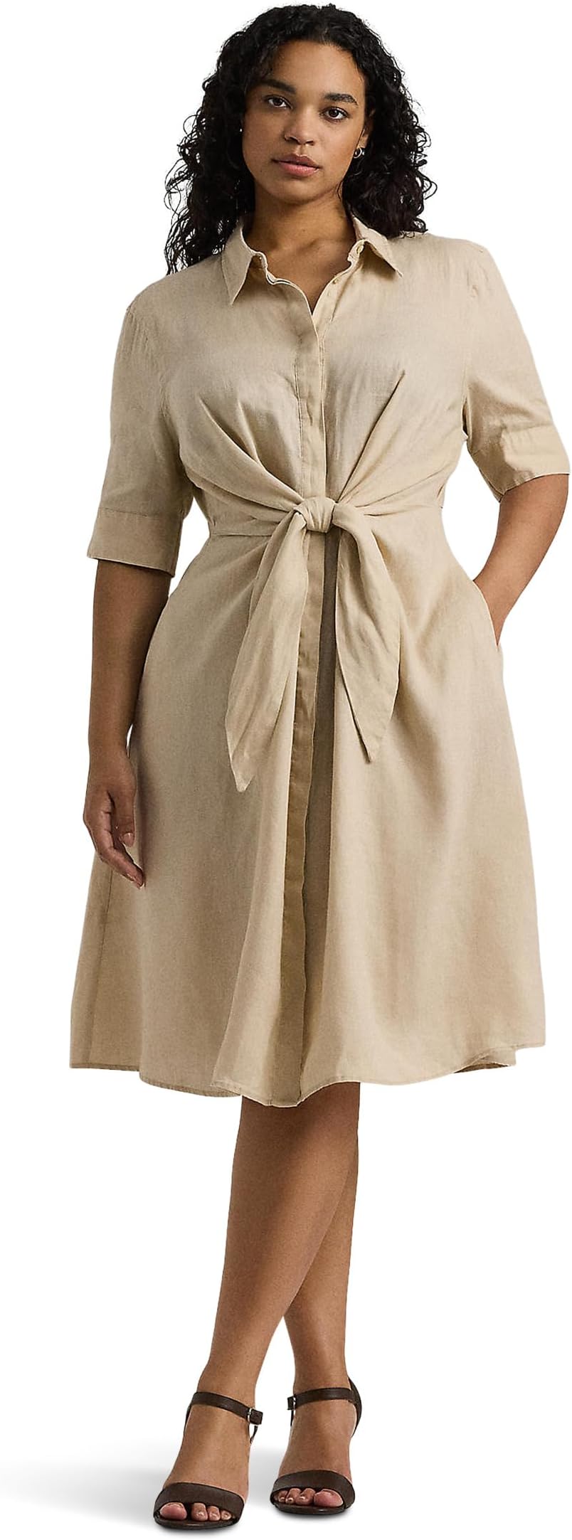 

Платье Lauren Ralph Lauren Plus Size Tie-Front Linen Shirtdress, цвет Explorer Sand