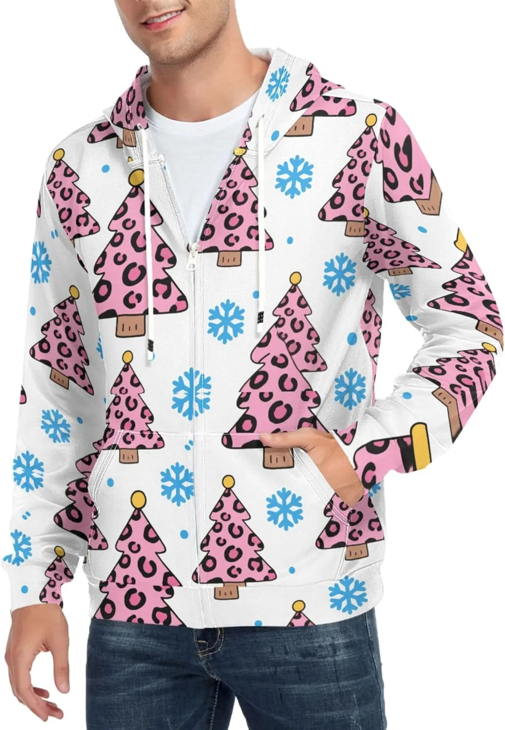 

Мужская худи с полной молнией в леопардовом принте с рождественскими снежинками CUPADA