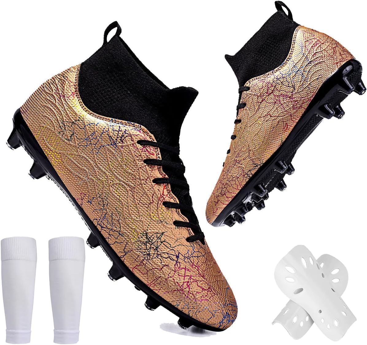 

Футбольные бутсы Spedify унисекс высокие для детей, подростков и взрослых, кроссовки с прочным кожаным верхом для искусственного газона, для тренировок, семейные футбольные бутсы с носками и щитками, золотой