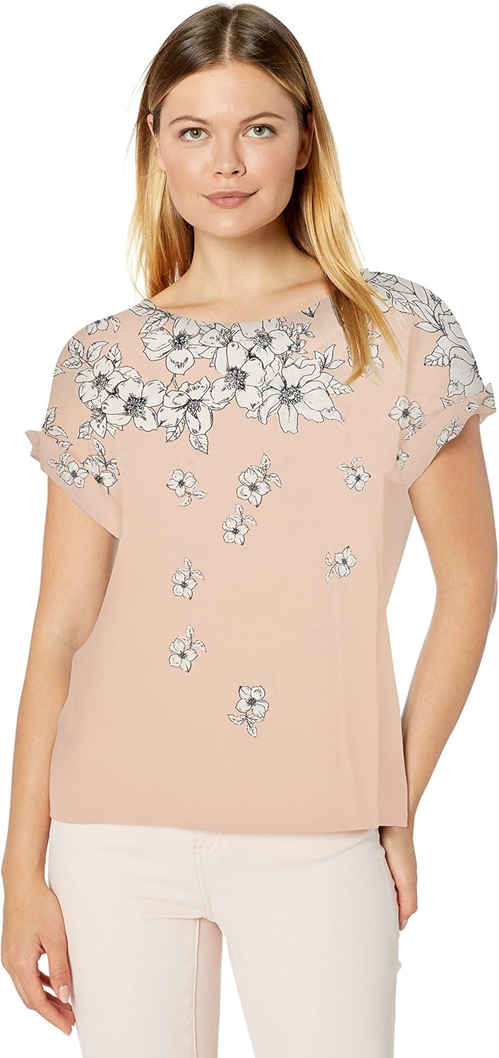 

Женская блузка Calvin Klein с принтом, рукавами-крылышками и фурнитурой-тогл, Blush Multi