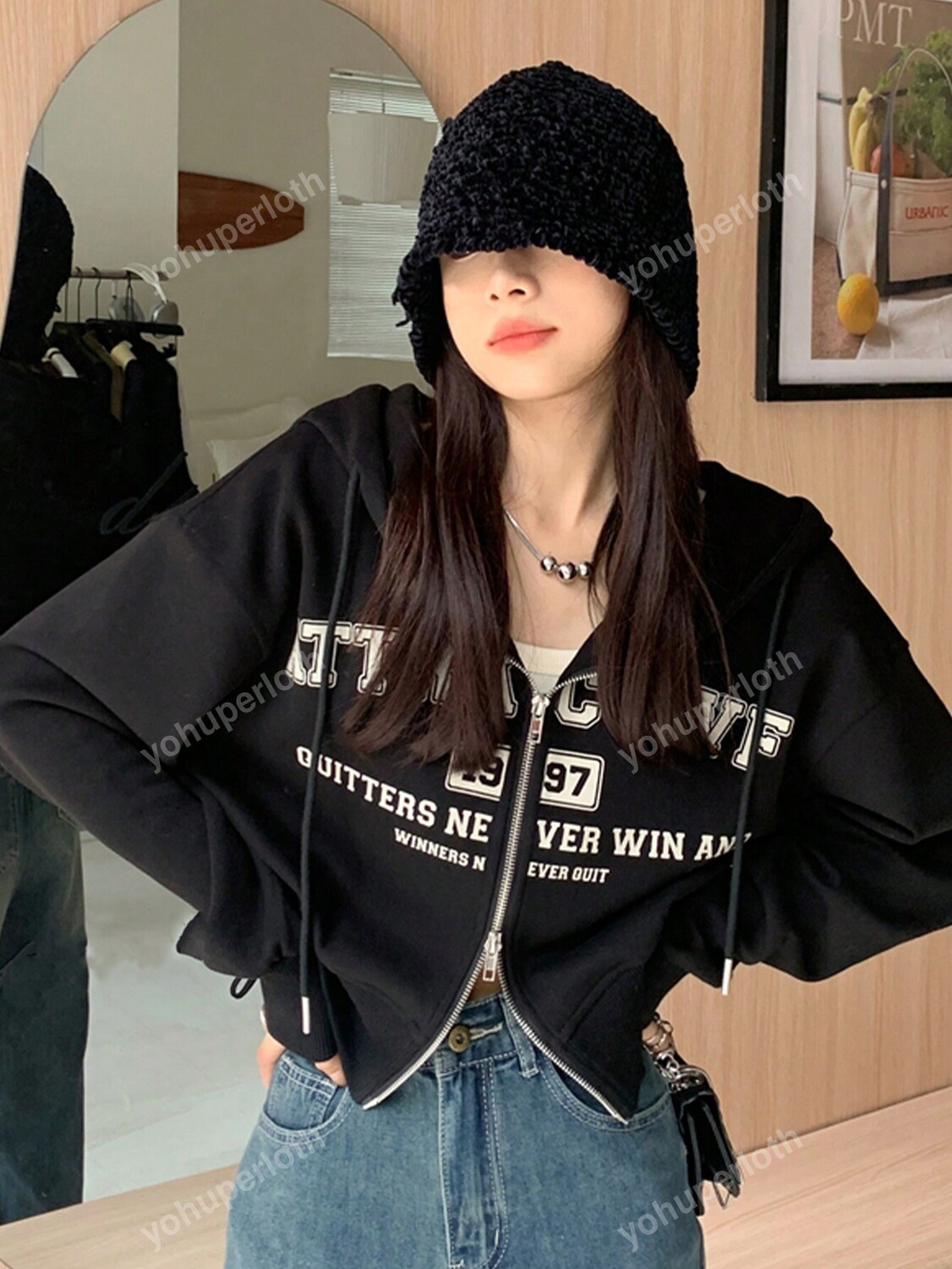 

Толстовка с двусторонней молнией, удобная посадка, непринужденный вид, буквенный принт, на весну, черный