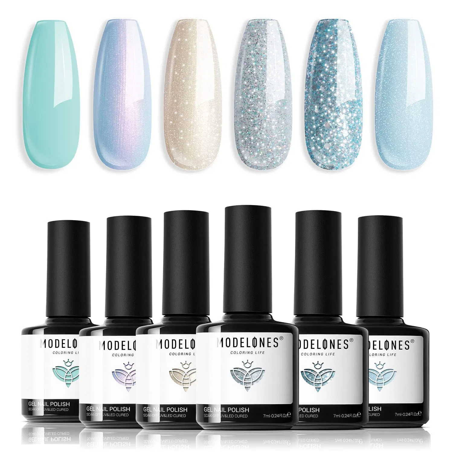 Набор гель-лаков modelones UV Blue Glitter (6 цветов) Modelones, Blue Glitter