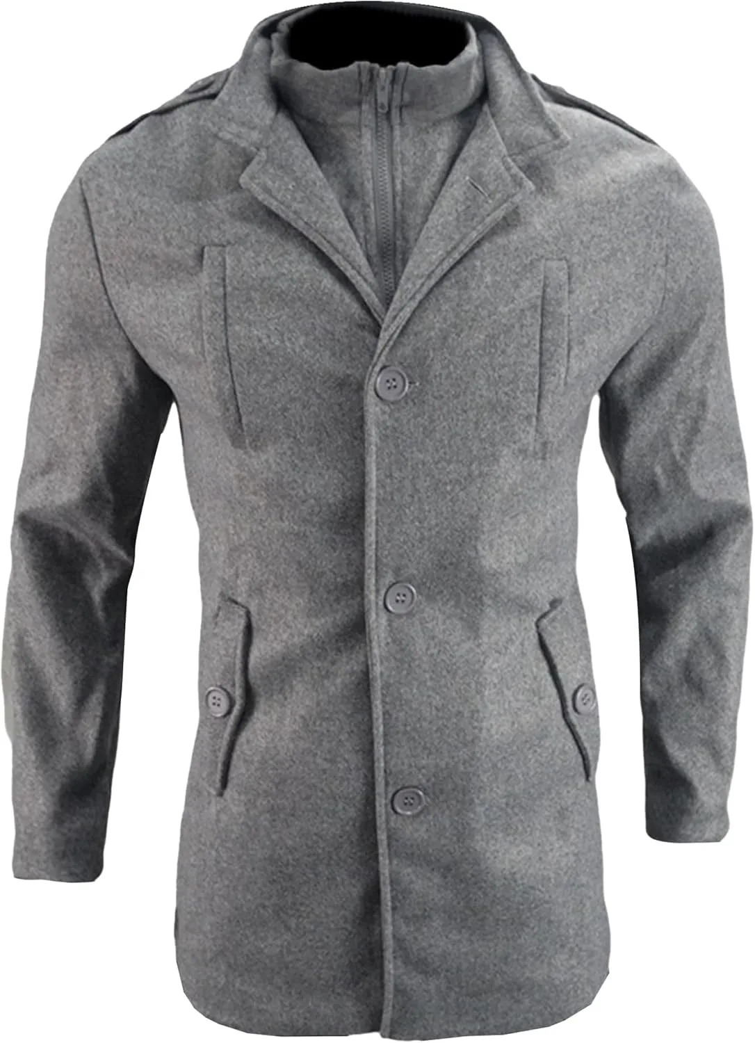 Пальто pea coat для мужчин, тренчкот с длинным рукавом, отложной воротник, однобортное пальто pea coat, повседневное, средней длины, приталенный силуэт Generic, серый — фото 2