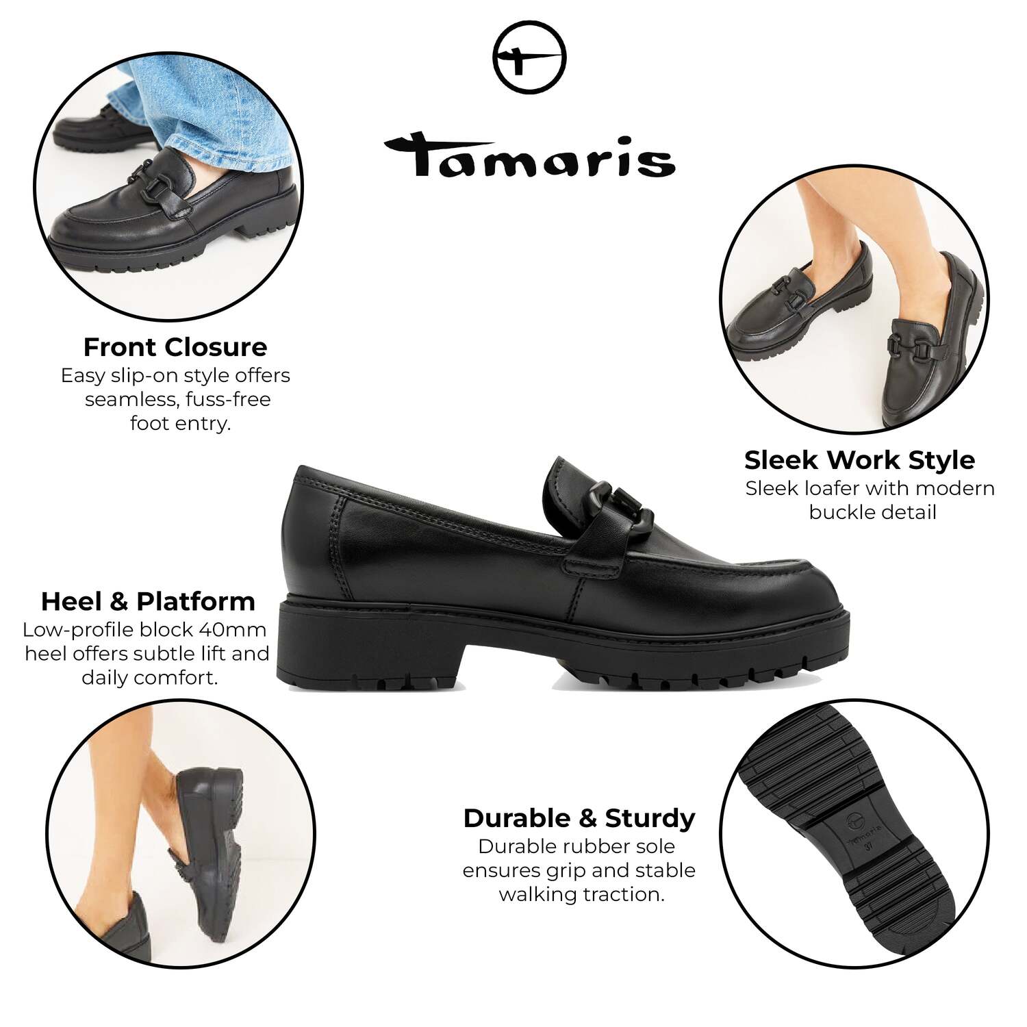 Tamaris женские черные кожаные лоферы на платформе без шнуровки TMRS — фото 2
