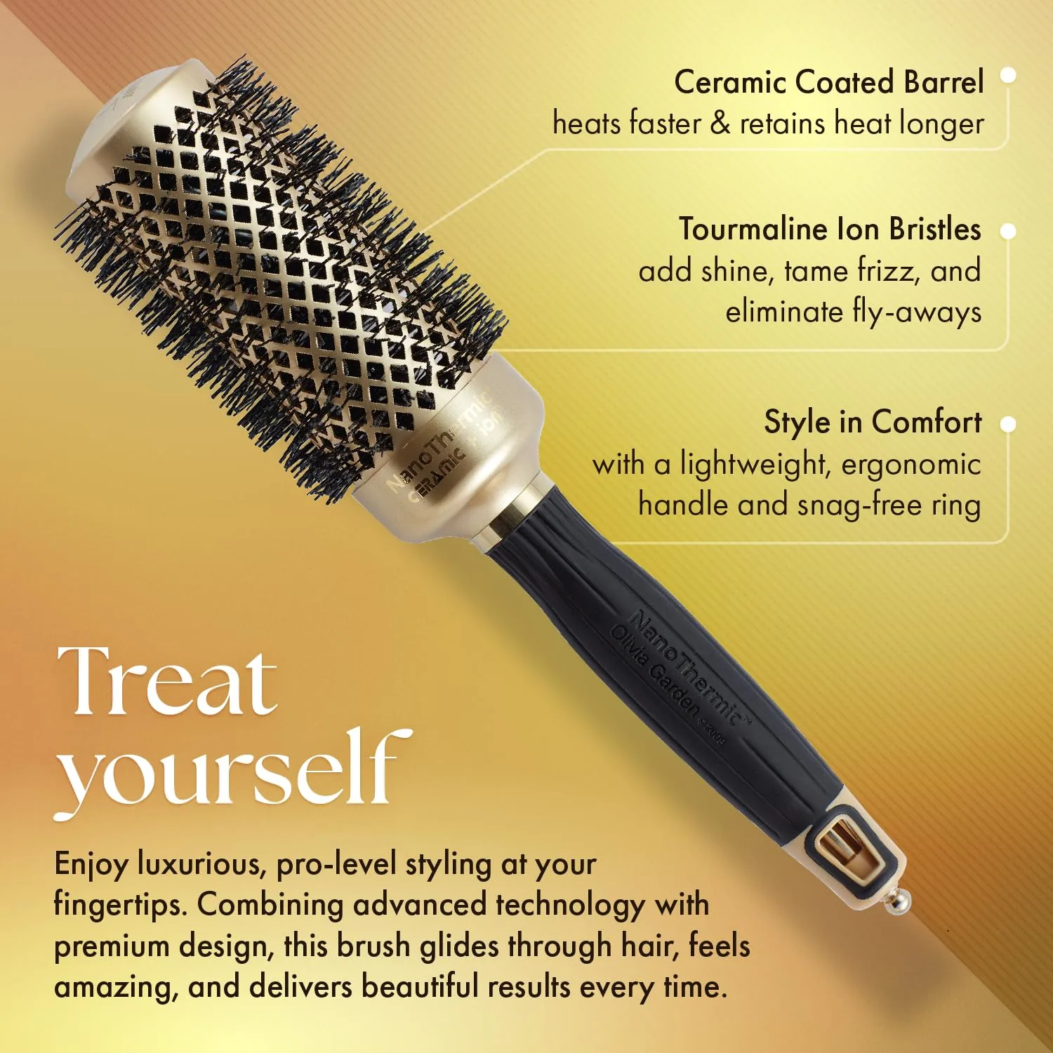 Термощетка для укладки волос Olivia Garden NanoThermic Ceramic + Ion Round Thermal Hair Brush - не электрическая - профессиональная щетка для нормальных и густых волос. 4,4 см, Gold / Black — фото 4