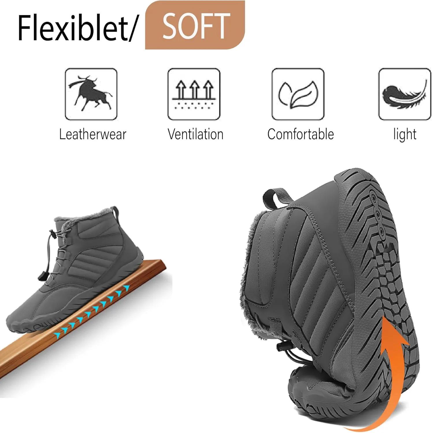 Зимние теплые ботинки Asifn Mens Barefoot с меховой подкладкой для походов, минималистичные, водонепроницаемые, противоскользящие хлопковые обувь, серый — фото 4