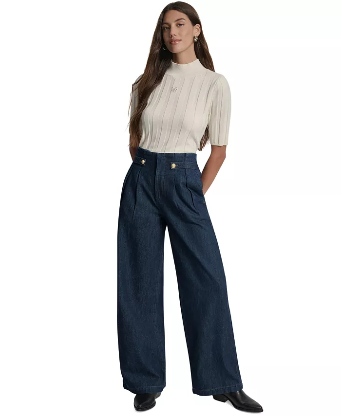 

Женские широкие брюки из хлопкового денима с высокой посадкой и талией DKNY Jeans, синий