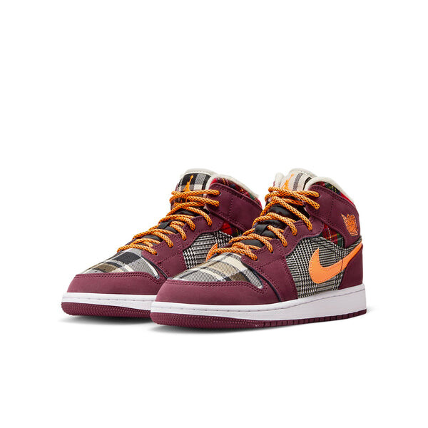 Кроссовки (GS) Air Jordan 1 Mid 'Plaid', цвет night maroon/black/white/total orange — фото 2