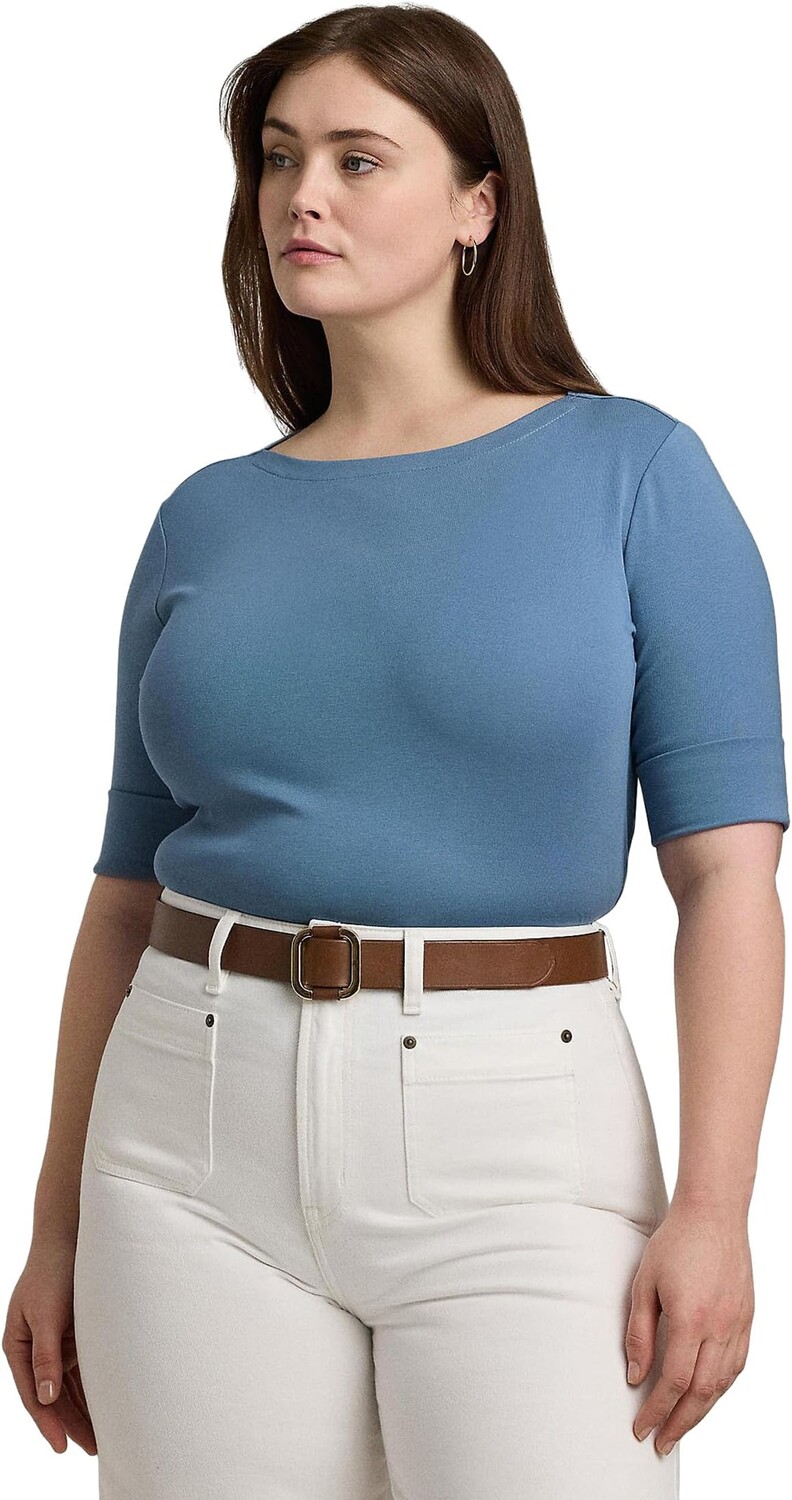 

Топ LAUREN Ralph Lauren Plus-Size Cotton-Blend Boatneck Top, цвет Pale Azure