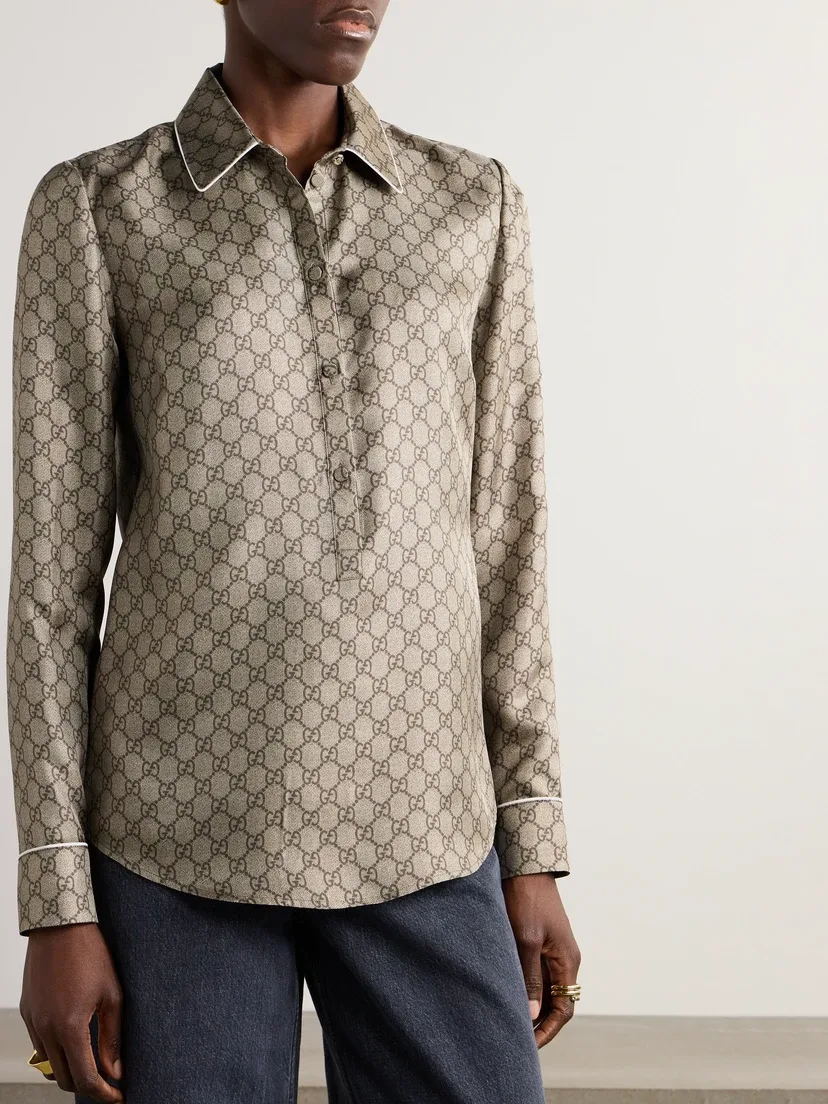 Рубашка GUCCI из шелкового сатина с монограммным принтом, приталенный крой, хаки — фото 3