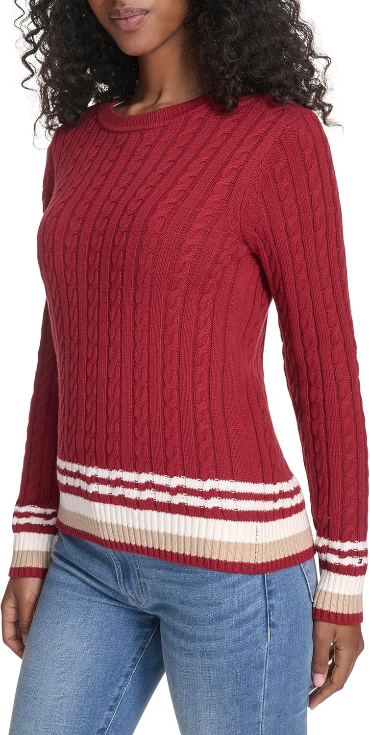 Женский хлопковый свитер Tommy Hilfiger с круглым вырезом и косами, Crimson Multi — фото 3