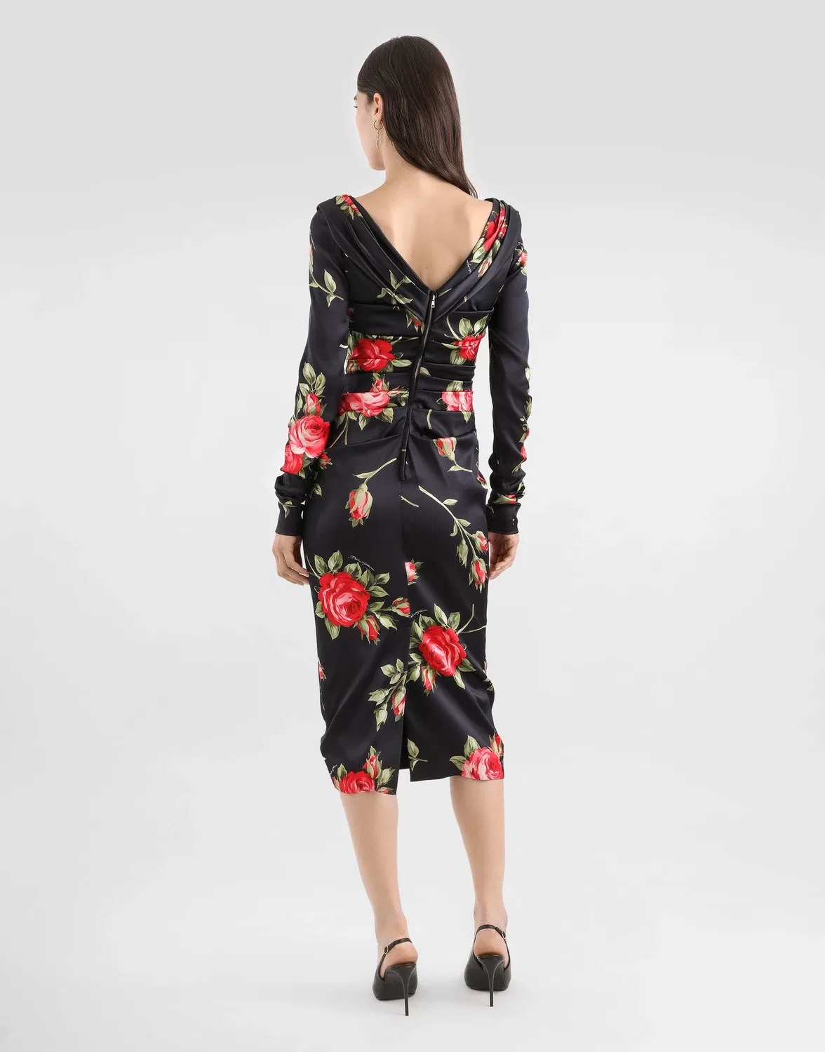 Атласное платье с драпировкой и принтом в виде букета роз DOLCE & GABBANA, белый — фото 3