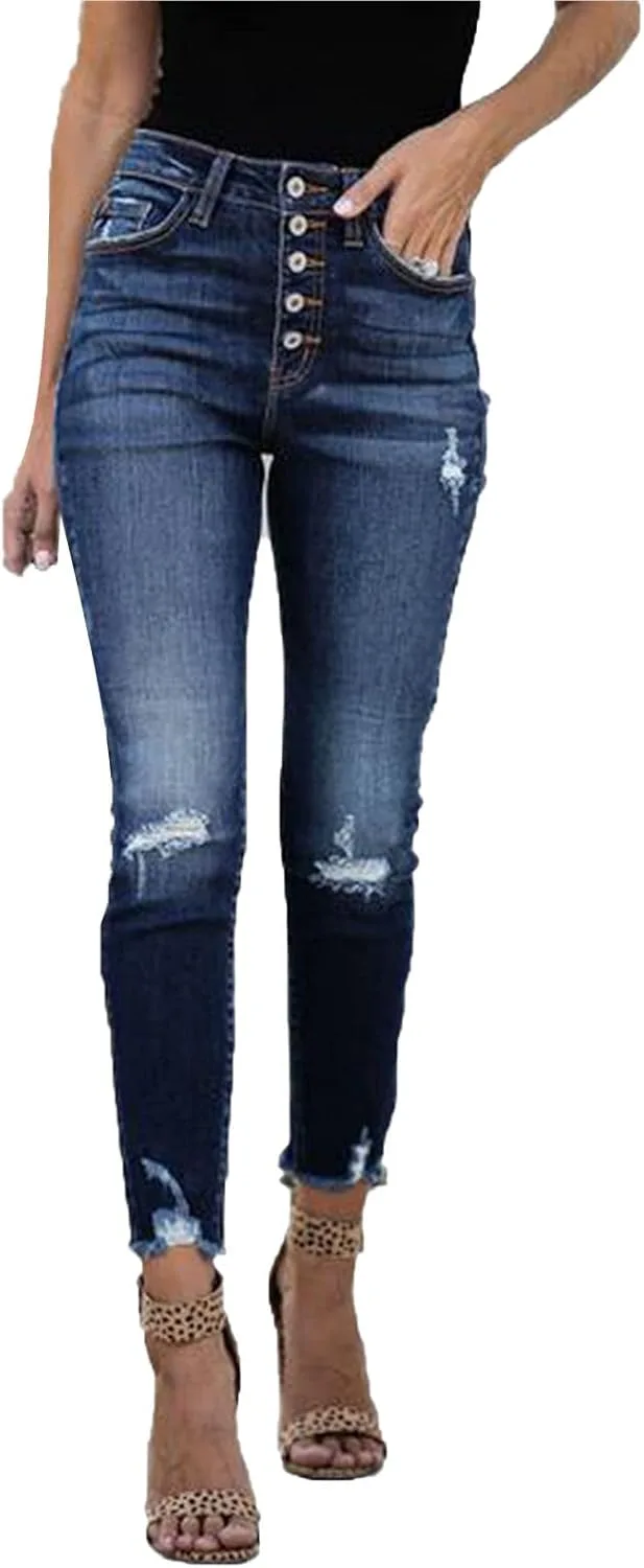 

Женские рваные джинсы-скинни с застежкой на пуговицах High Waisted Butt Lift Stretch DGHM-JLMY