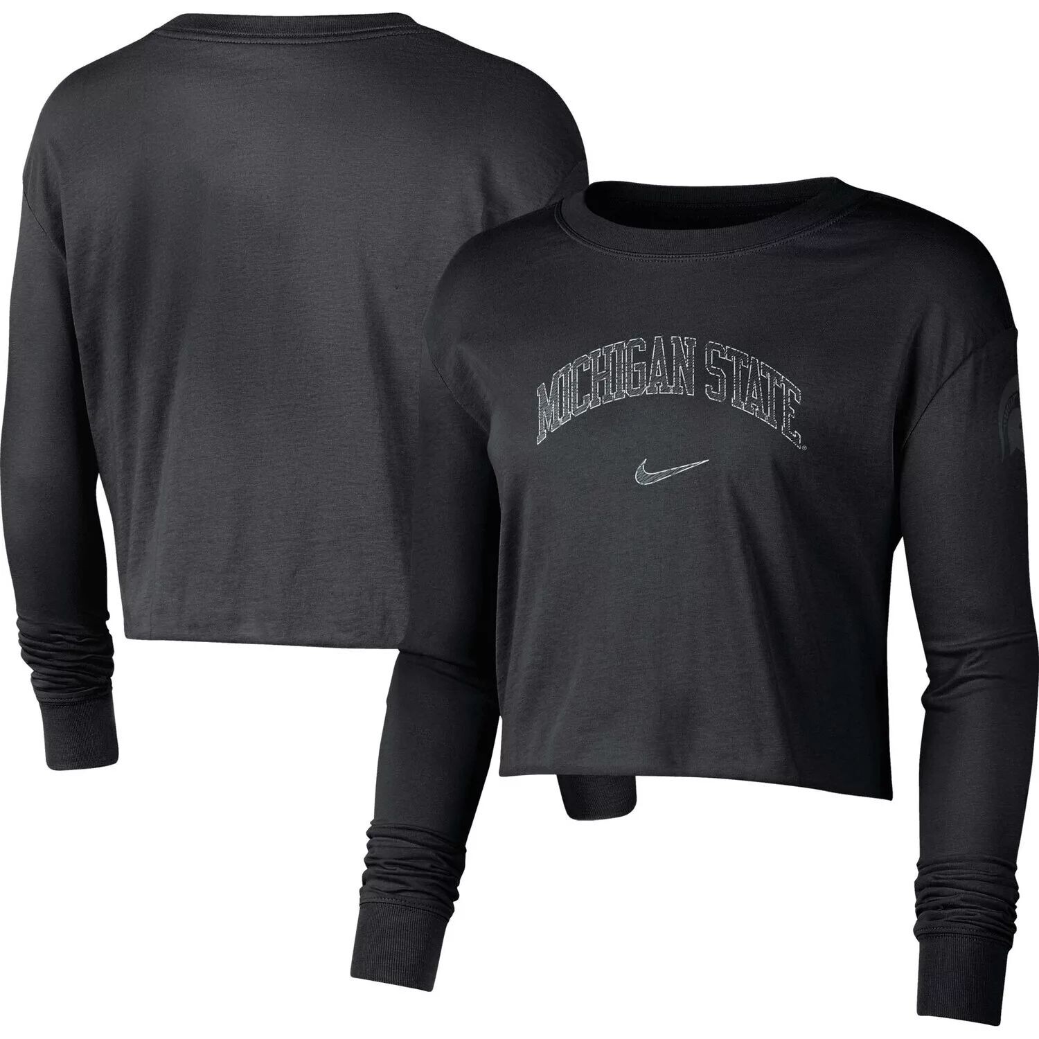 

Черная женская укороченная футболка с логотипом Nike Michigan State Spartans 2-Hit Nike, Черный, Черная женская укороченная футболка с логотипом Nike Michigan State Spartans 2-Hit Nike