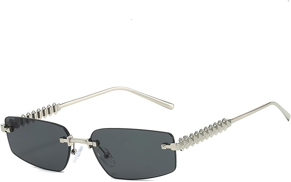 

Солнцезащитные очки без оправы, прямоугольной формы, защита от ультрафиолета UV400, прозрачные градиентные линзы, спиральные заклепки, металлические дужки, винтажный стиль LumiSyne, Black Grey / Silver