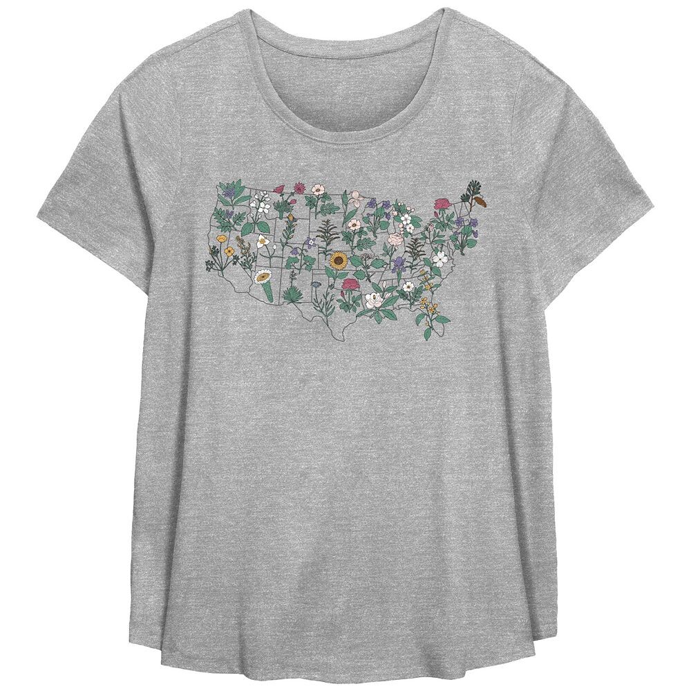 

Плюс размер Футболка с овальным вырезом и графическим рисунком Fifth Sun United States Map Of Flowers, цвет Heather Gray