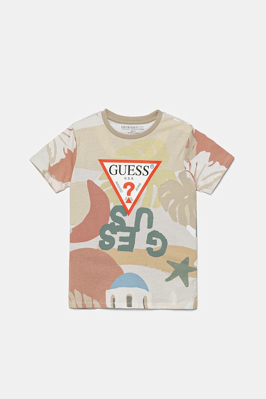 

Детская хлопковая футболка Guess, бежевый