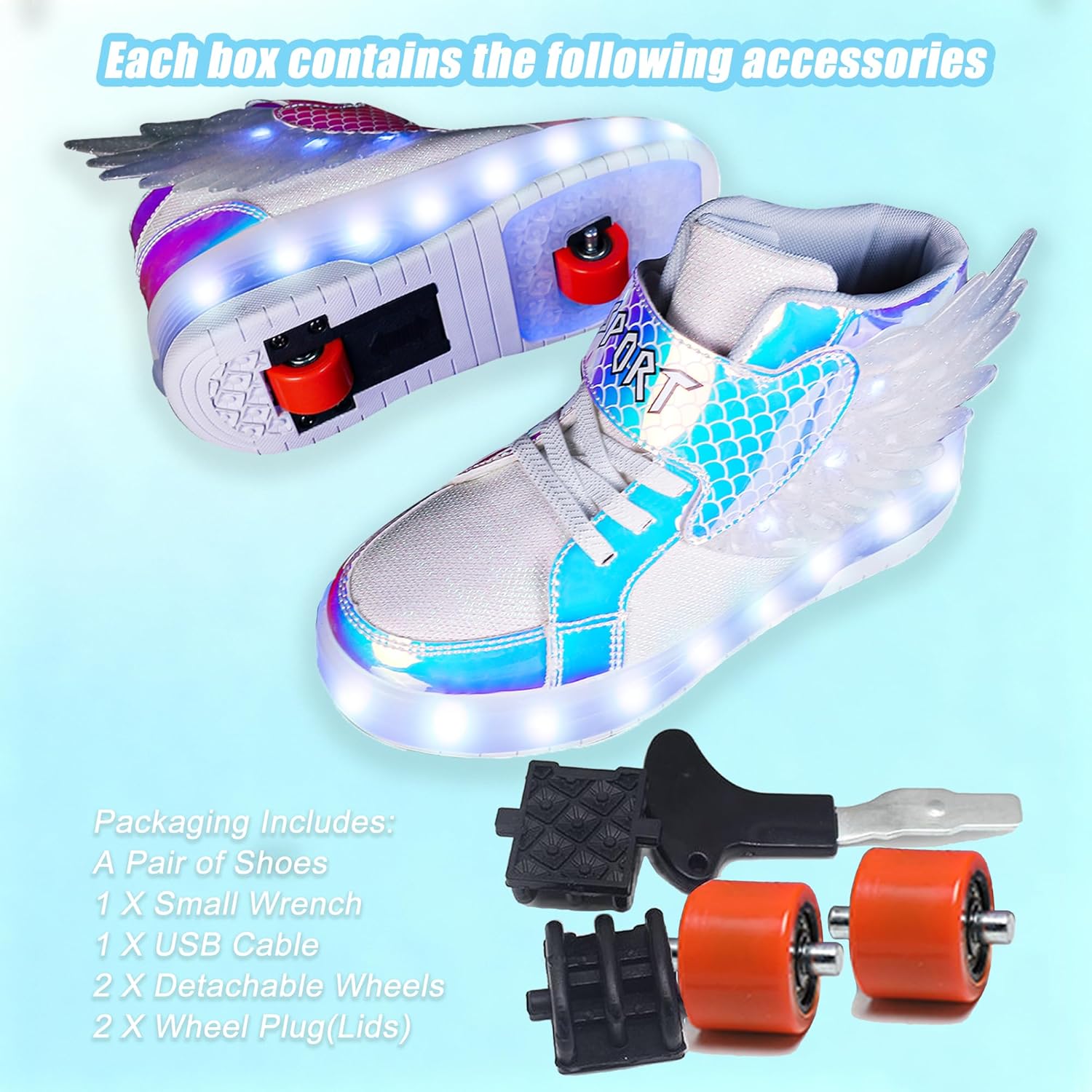Детские роликовые кроссовки Aikuass с USB-подзарядкой и светящейся LED-подсветкой для мальчиков и девочек, белый — фото 3