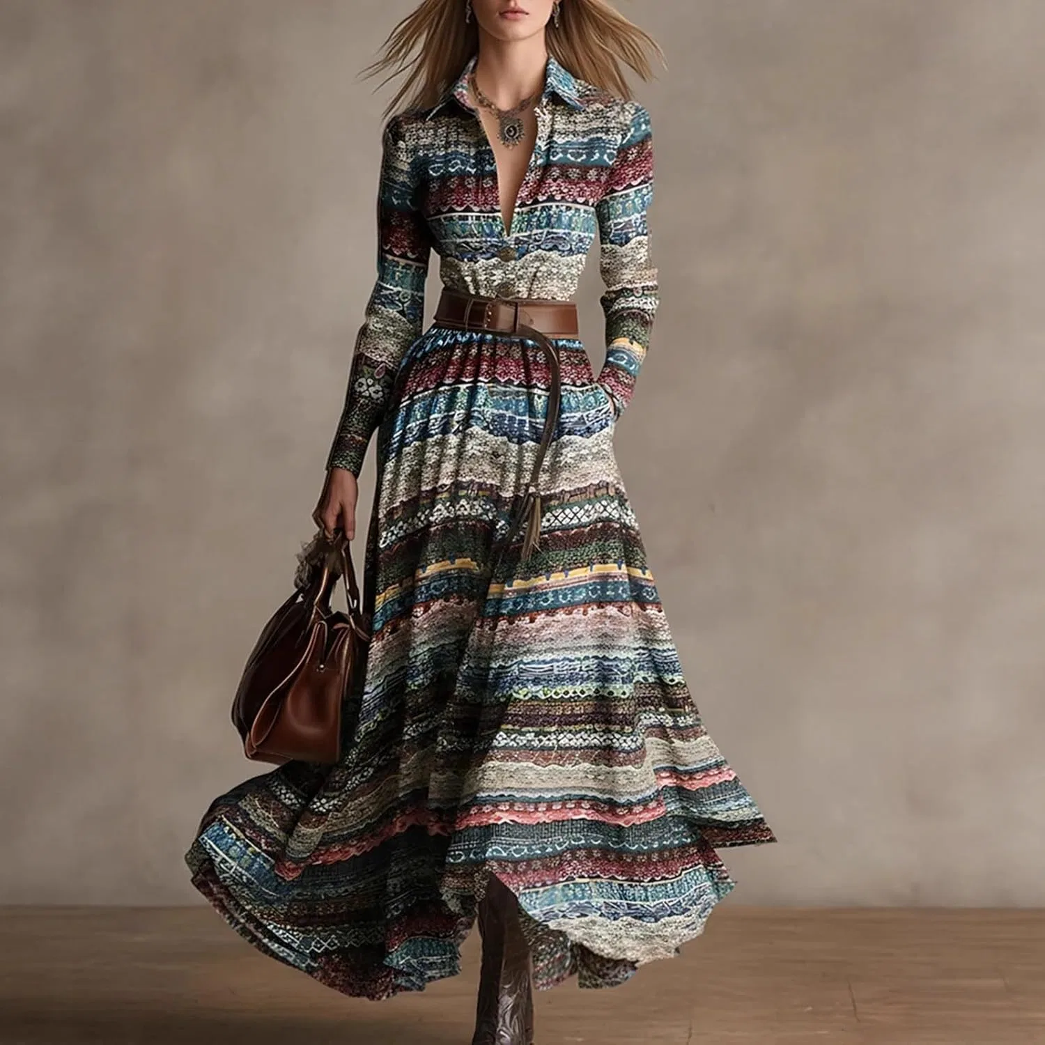 Платье для женщин Western Shirt в этническом стиле туника с V-образным вырезом, длинным рукавом, макси, однобортное, с разрезом и карманами Generic, мультиколор — фото 2