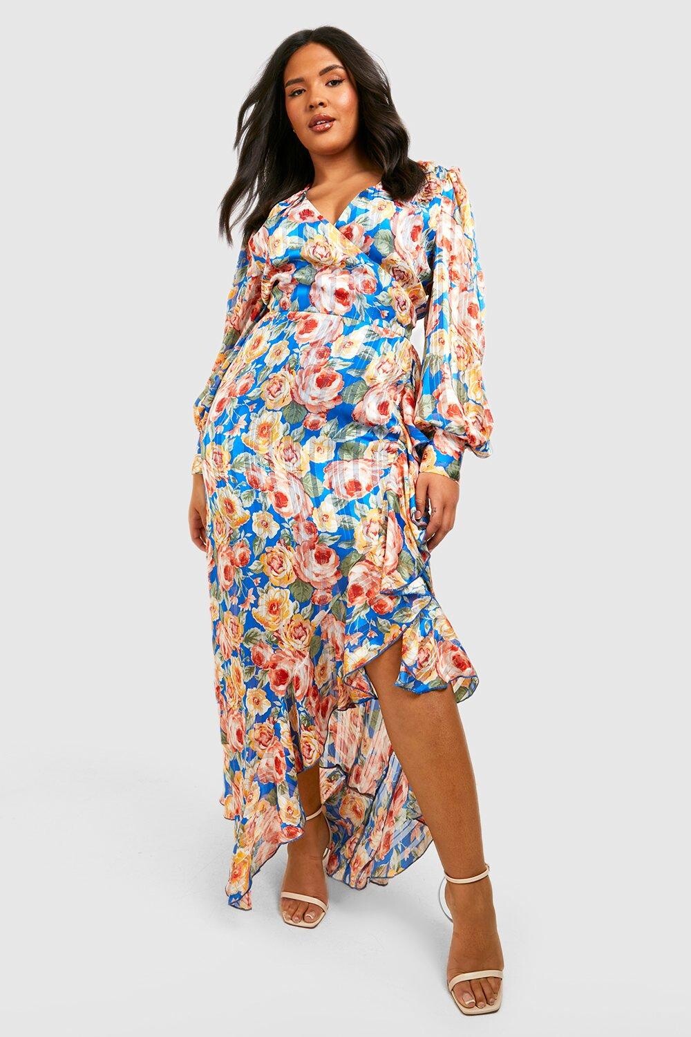 

Платье макси с цветочными орушами и запахом Boohoo, синий