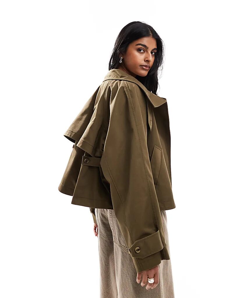 

Укороченный тренчкот ASOS DESIGN цвета хаки с накидкой