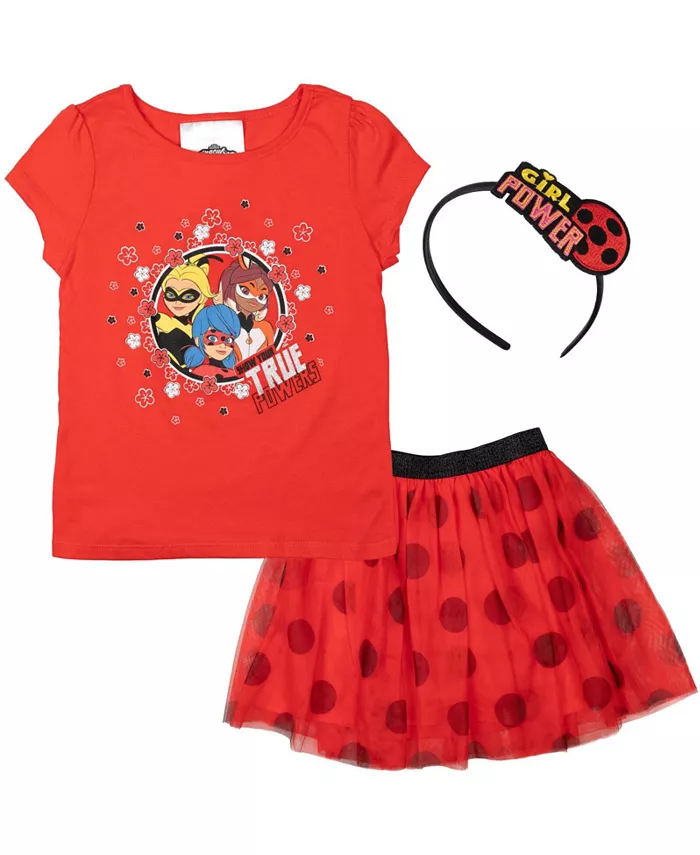 

Футболка, юбка и атласная повязка для девочек Ladybug Rena Rouge Queen Bee, комплект из 3 предметов (для детей от 4 до 14 лет) Miraculous, красный