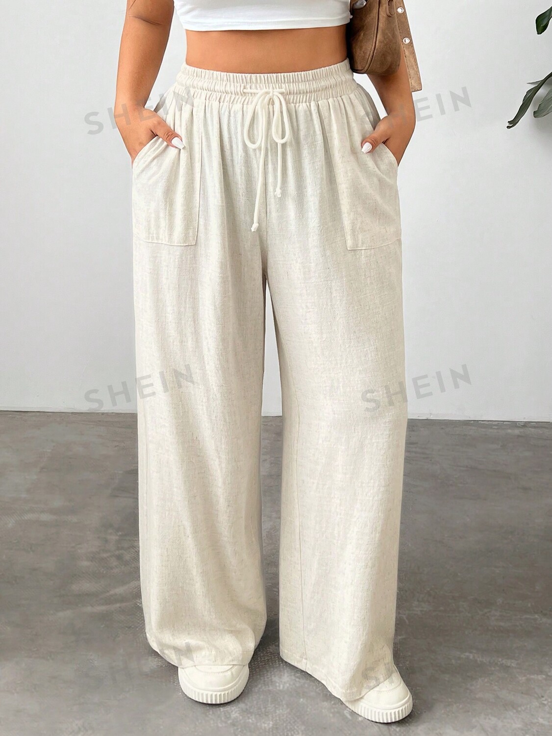 

EZwear Большие размеры, женские однотонные свободные повседневные широкие брюки с завязками на талии и карманами Shein, абрикосовый