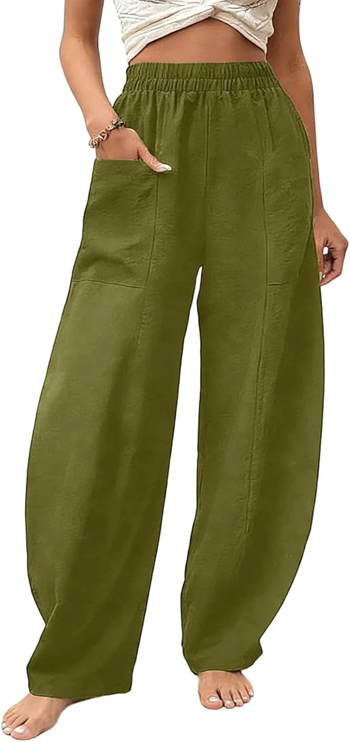 

Рабочие брюки Women High Waist Linen Casual Wide Leg с эластичным поясом lopmou