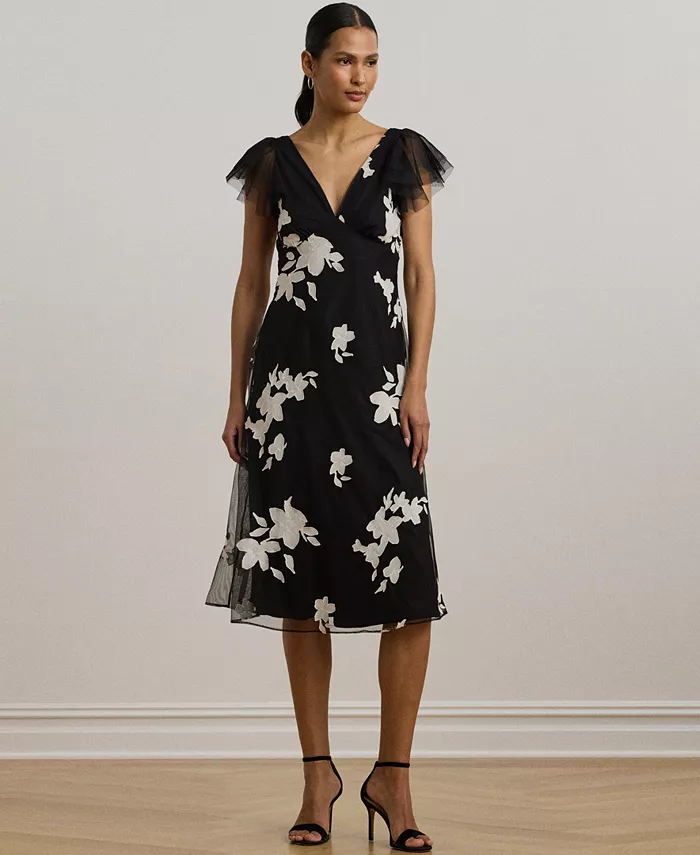 

Женское коктейльное платье из тюля с цветочными аппликациями Lauren Ralph Lauren, черный