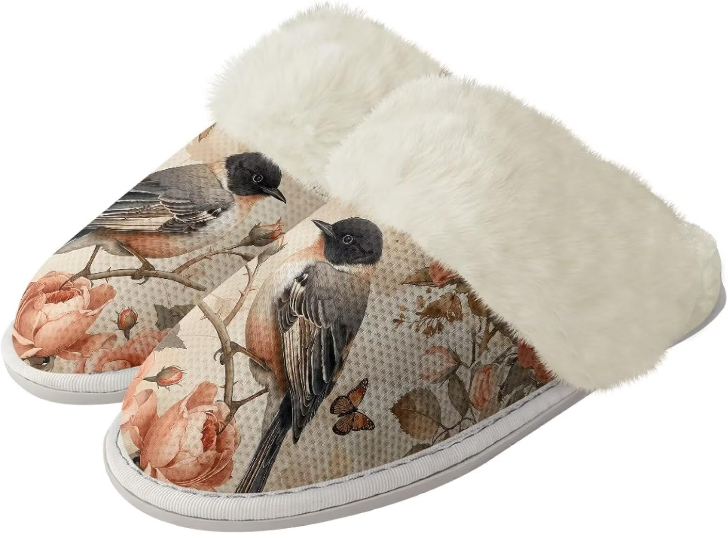 

Мягкие домашние тапочки для мужчин и женщин, зимние теплые хлопковые домашние тапочки, бесшумные, моющиеся, с нескользящей резиновой подошвой Watdotory, Bird Rose