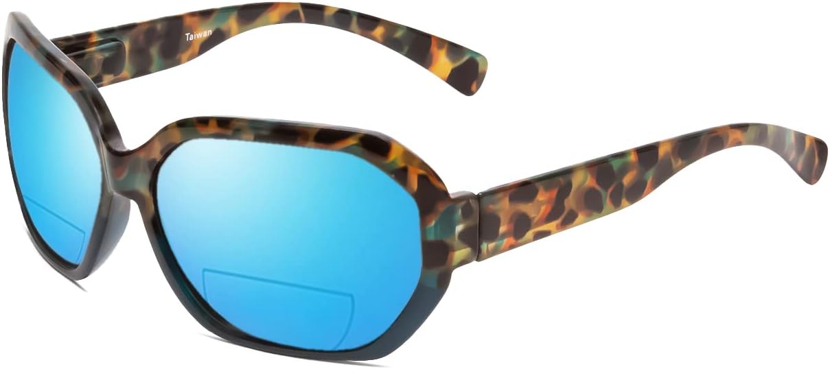 

Женские солнцезащитные очки для чтения Calabria 644SB увеличенного размера с шестиугольными бифокальными линзами, поляризованными линзами, защитой от УФ-излучения и жестким футляром, Green Tortoise/ Blue