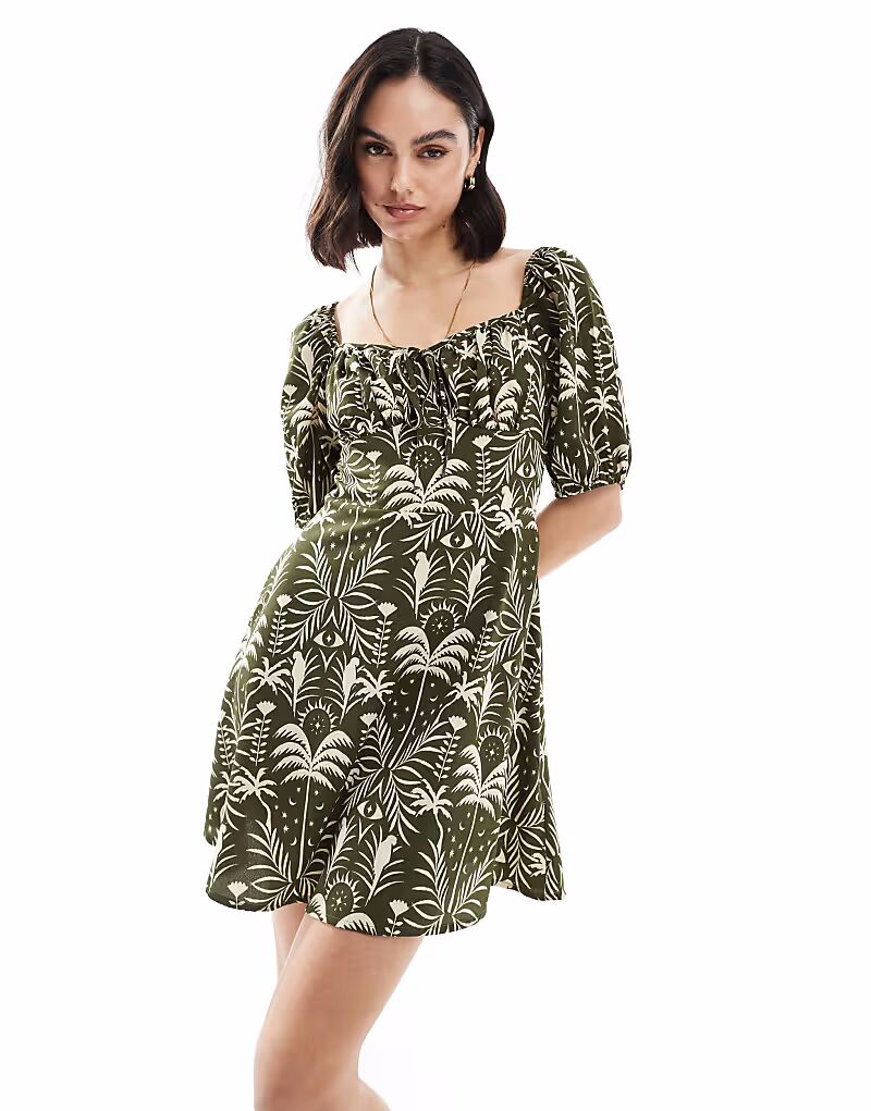 

Мини-платье с принтом пальм и рукавами-фонариками цвета хаки Wednesday'S Girl